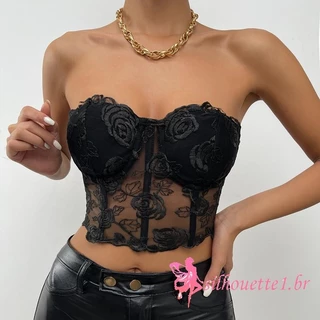 Silhueta1-Corpete Feminino Tops Bordados Flor Ver Através De Oferta De Tubo De Ombro