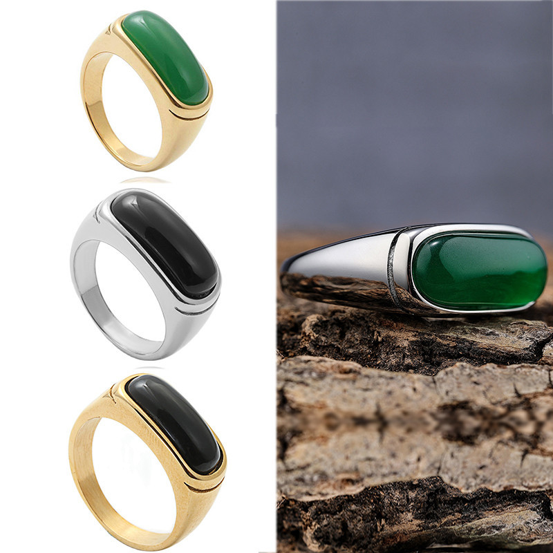 Punk Silver Gold Polido Titânio Aço Rectângulo Esmeralda Pedra Preta Anéis De Dedo Para Acessórios De Moda Masculina