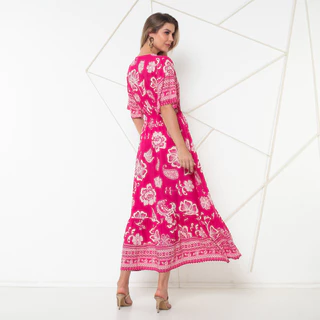 Vestido Longo Visco linho Estampado Moda Feminina