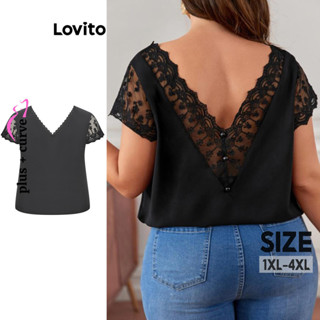 Lovito Casual Blusa Feminina Lisa com Renda e Malha Contrastante LBE04015 (Multicolorido)
