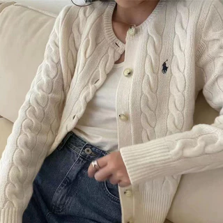 R-L Clássico Vintage Cardigan Casaco De Malha Feminina Twisted Sweater Top