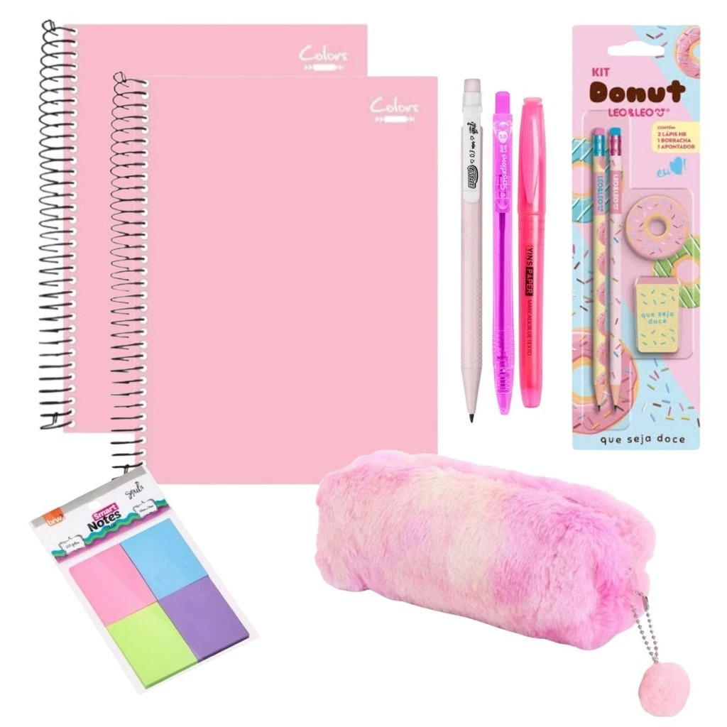 Kit Papelaria Escolar Kawai Fofo Rosa Volta as aulas