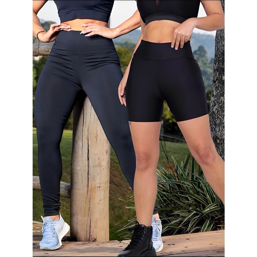 Promoção Calça Legging Feminina Preta + Shorts Legging Preto Liso Fitness Academia Preta Dia a Dia da New Basic Br