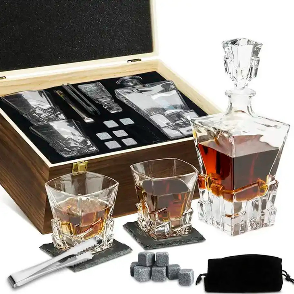 Conjunto Decanter Whiskey Com Dois Copos Rock Gelo Pegador Caixa