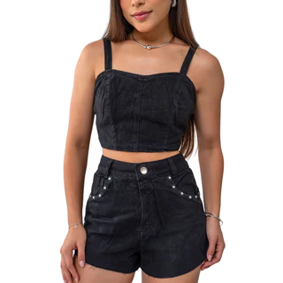 Conjunto Jeans Cropped Top E Short Lavagem Estonada Com Strass