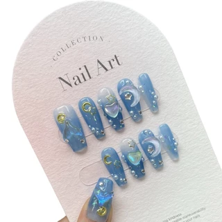 [HANDMADE] Prego artificial azul 3D Love Ocean Ice Moon unhas fototerapia unhas reutilizáveis e removíveis