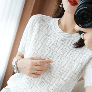 Fen ** Suéter fino de malha de fio de gelo de manga curta blusa de camiseta feminina