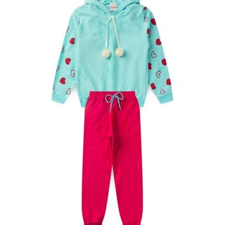 Conjunto Infantil Menina Moletom - Corações Pompom - Verde Água e Pink