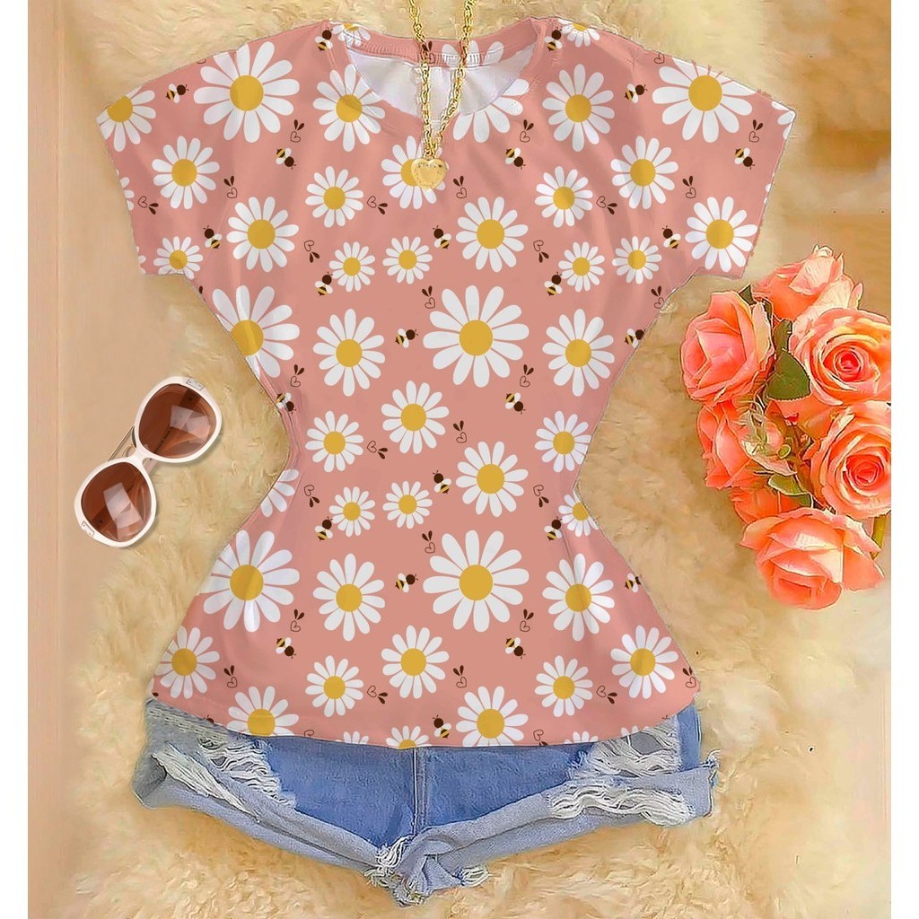 T shirts blusa camiseta Feminina Baby Look Estampada Margaridas