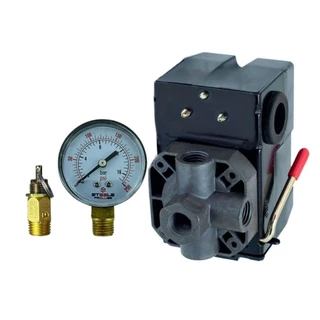 Kit Para Compressor de Ar Com Pressostato 100/140 PSI 4 Vias + Válvula de Segurança e Manômetro