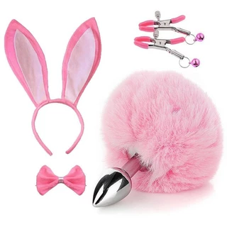 Kit Fantasia BDSM Coelho Rosa Plug Anal Cu Grampo Peito Tiara Gravata