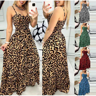 Vestido Comprido Em V Suspensório Com Estampa De Leopardo , Saia De Cintura Alta , Temperamento sexy , Da Moda Para Mulheres