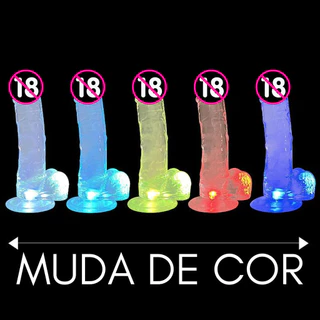 Prótese com LED RGB Pênis Grande Grosso Muda de Cor Ventosa Realístico Duplo Maciço Pele Lésbica 19 X 3,6cm Dildo Pau Pinto Borracha Silicone