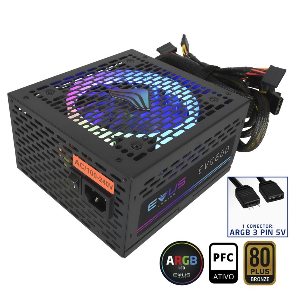 Fonte Atx 600w Gamer ARGB Com LED 3Pinos 5v Selo 80 Plus Bronze PFC Ativo Cabos Revestidos Nylon Evus EVG600