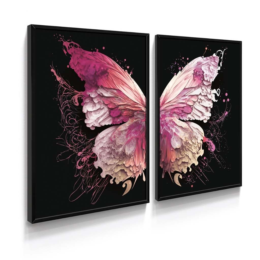 Quadros Decorativos 2 Peças 60x40 Borboleta Black Rosê Casa Parede Decoração Mdf Adesivo Sala Quarto