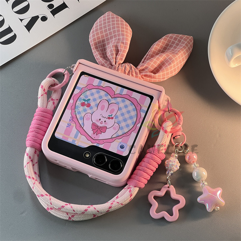 Fofo Orelhas De Coelho Xadrez Arge Window Protector Film Skin Pink Phone Casing Samsung Galaxy Z Flip 5 Full Hinge Back Cover Com Pulseira Diamond Star À Prova De Choque Flip5