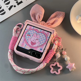 Fofo Orelhas De Coelho Xadrez Arge Window Protector Film Skin Pink Phone Casing Samsung Galaxy Z Flip 5 Full Hinge Back Cover Com Pulseira Diamond Star À Prova De Choque Flip5