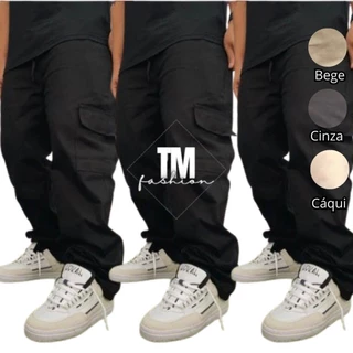 3 Calça Cargo Larga Unissex 6 Bolsos Esportiva Lisa Skatista Sarja Calça Masculina