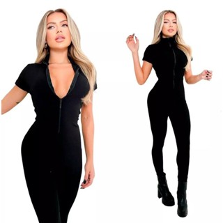 Macação Manga Curto Com Ziper Na Frente Feminina Moda Gringa