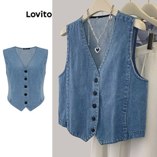 Lovito Regata Jeans Casual Lisa com Botão Frontal LNE22048 (Azul /Azul Claro)