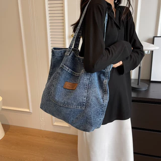 Saco De Lona De Ganga Estilo Coreano Retrô De Um Ombro Com , De Grande Capacidade Para Mulheres , Bolsa De Mão O Transporte De Bolsas