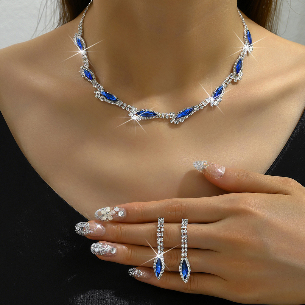 Elegante Colar De Cristal Azul Brincos Pulseira Para Mulher Pingente De Água Conjuntos De Jóias De Noiva Acessórios