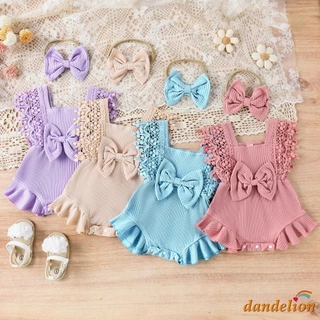 Macacão faixa de cabeça Meninas bebê,Baby Girls Summer Romper Com Fita De Verão Manga De Renda Pescoço Redondo Rufle, Roupas de recém-nascido /infantil