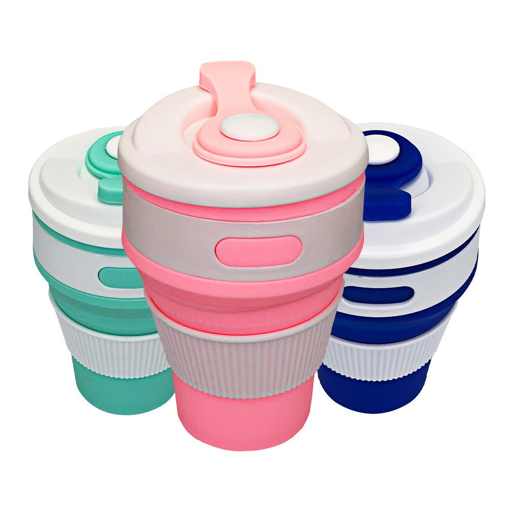 Copo Silicone Retrátil Dobrável c/ Tampa - 350ml - Sortido