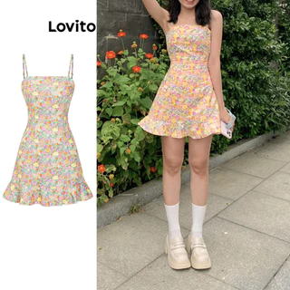 Lovito Casual Vestido Feminino Floral Drapeado com Laço Traseiro L70AD107 (Multicor)