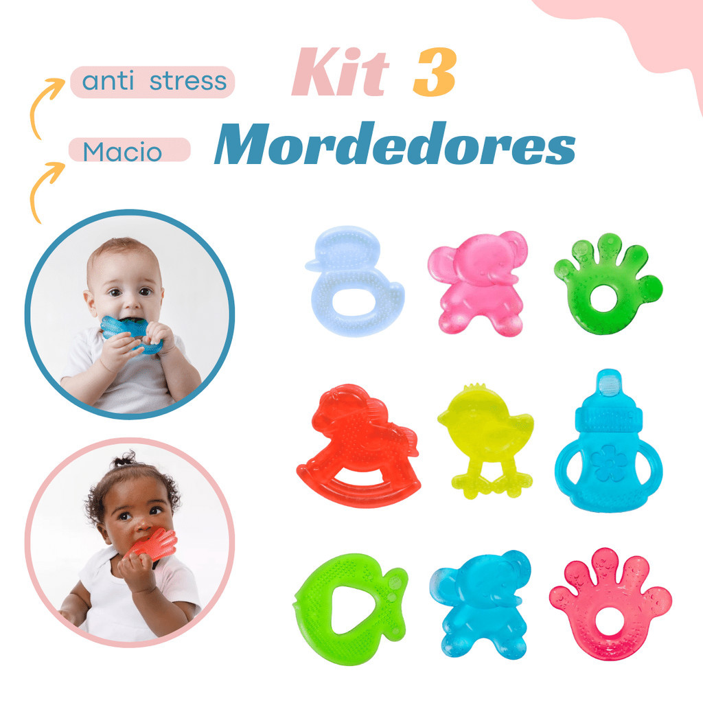Kit com 3 Mordedores Massageador Para Bebê Pode Esfriar na Geladeira