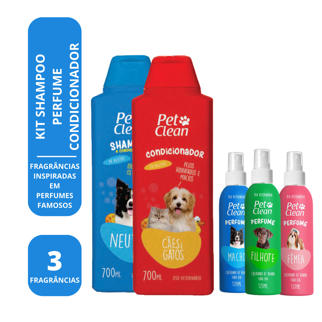 KIT Shampoo, Perfume e Condicionador Pet Clean Cães e Gatos