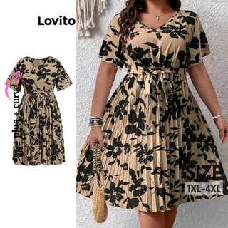 Lovito Vestido Plissado com Amarração e Estampa Floral Boho Elegante para Mulheres Plus Size LBL08207