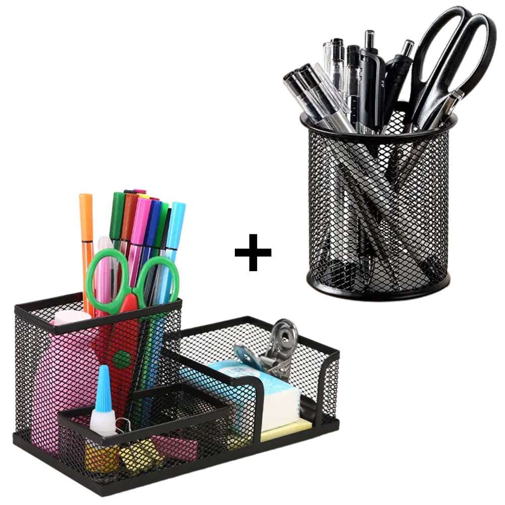 Kit Porta Caneta Lápis e Porta Treco Organizador De Mesa de Metal Escritório