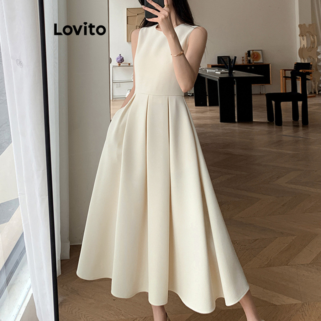 Lovito Vestido Casual Liso Com Zíper Para Mulheres LNL36118 (Off White)