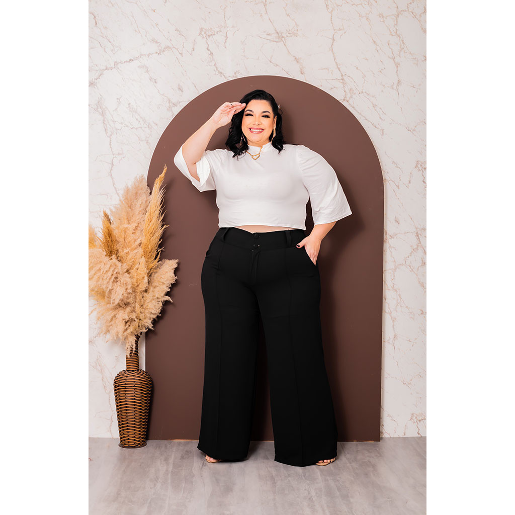 Calça Pantalona Plus SIZE Feminina Wide Leg Elástico na cintura com Bolso  Cintura Alta