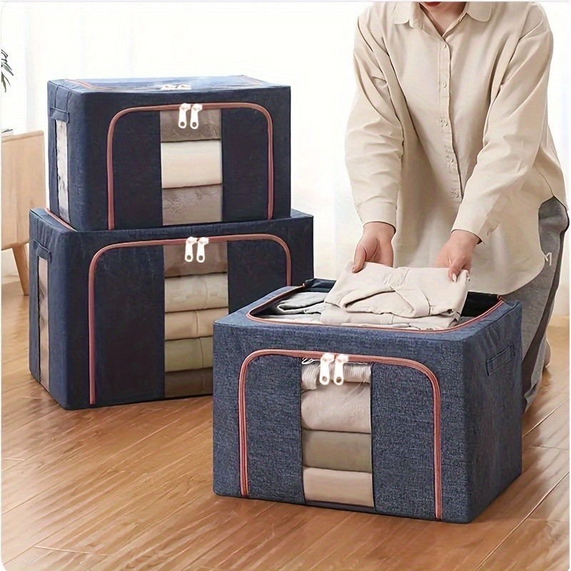 Kit 2 Pecas Cesto De Armazenamento De Roupas E Colchas De Grande Capacidade 100L Com Estrutura Triangular De Aço