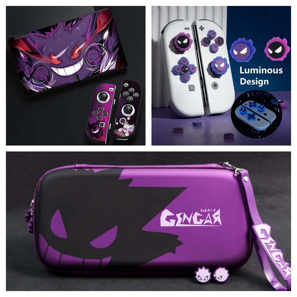 Capa Do Interruptor Pokemon Gengar Protetora TPU Soft Para Nintendo Switch/OLED Joy-Con Controller Joystick Botão Cross D-Pad Luminous Silicone Punhos Polegar Bolsa