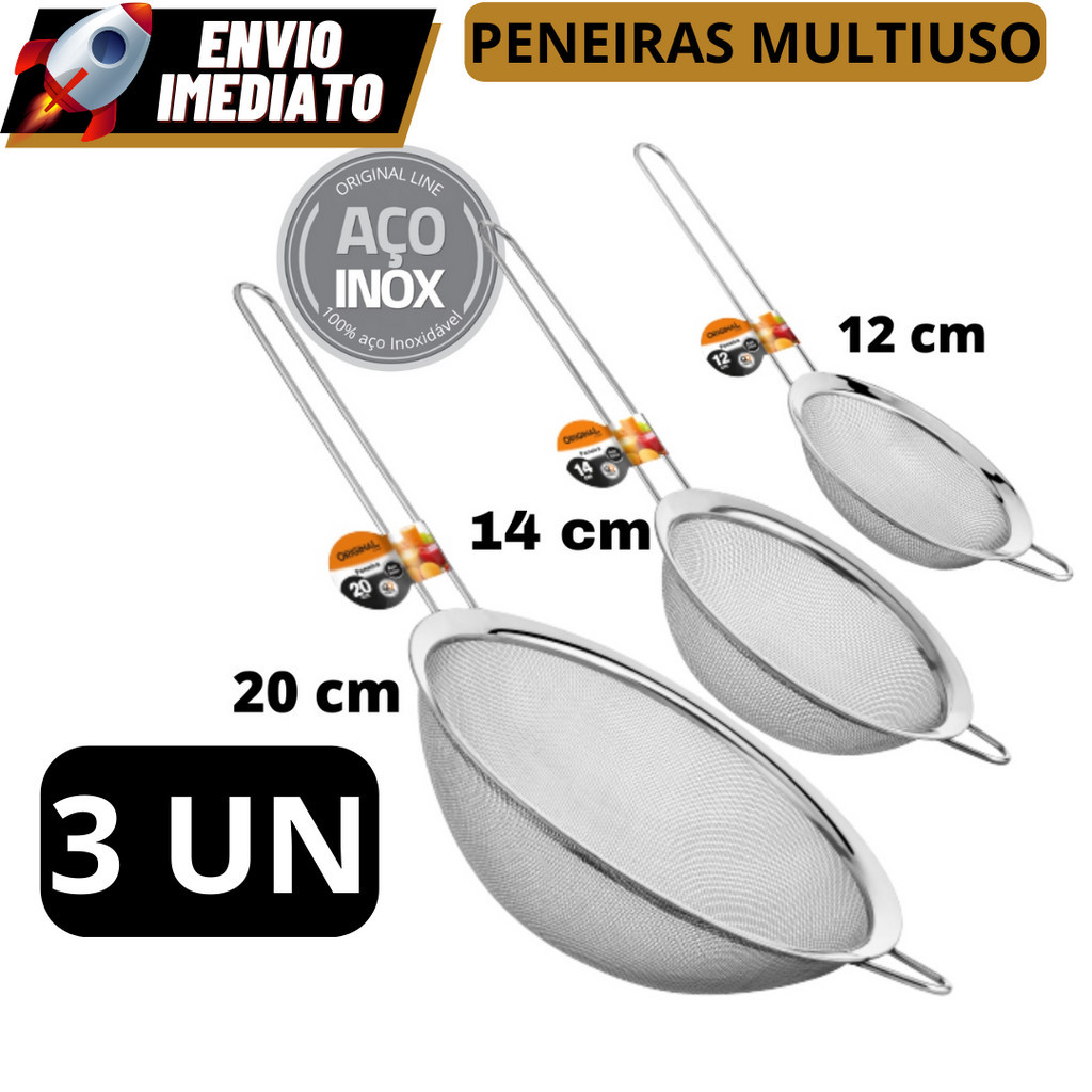 Kit 03 Peneira Coador Manual Em Aço Inox Para Cozinha 12cm 14cm 20cm