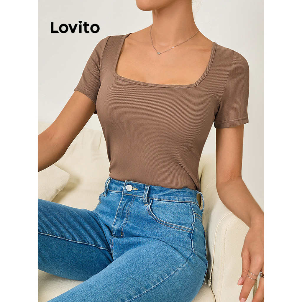 Lovito Casual Camiseta Feminina Lisa B Sica Com Gola Quadrada Lbl Shopee Brasil