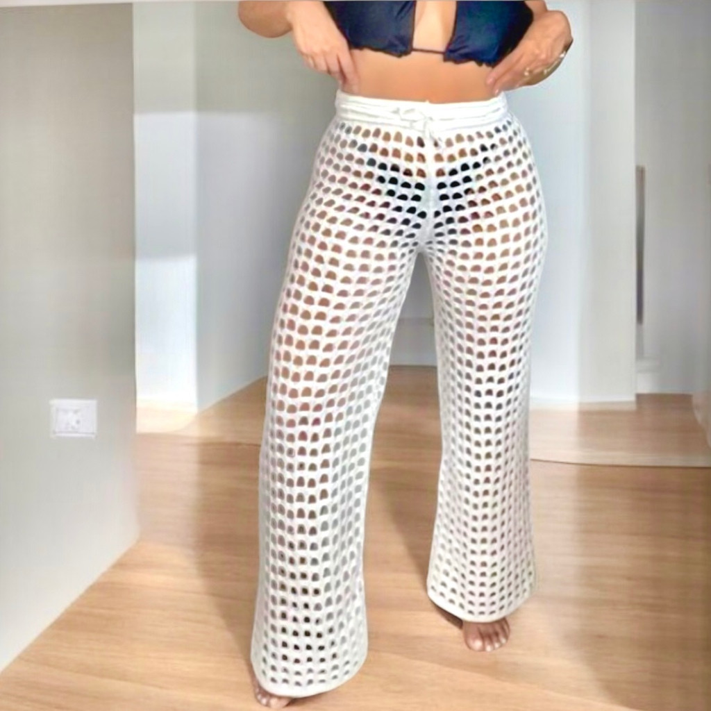 Saida de Praia Calça Pantalona Tricot Furadinha Rendada Tendencia Verão ...