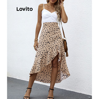 Lovito Saias Femininas Boho Com Babados E Leopardo LNL34086 (Cáqui/Marrom/Branco/Preto)
