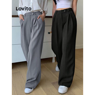 Lovito Casual Calça Feminina Lisa com Bolso e Botão L70AD052 (Cinza/Preto)
