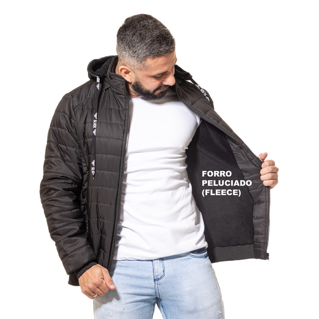 Jaqueta Masculina Forrada por dentro Com Pelo Fleece Pelúcia Puffer Bobojaco Nylon Matelado Acolchoado Gominho Inverno Frio Tam P M G GG EG com Bolso Preta e Marinho (fofinho, peludo, forro grosso). Acabamento WR que dificulta a passagem de água