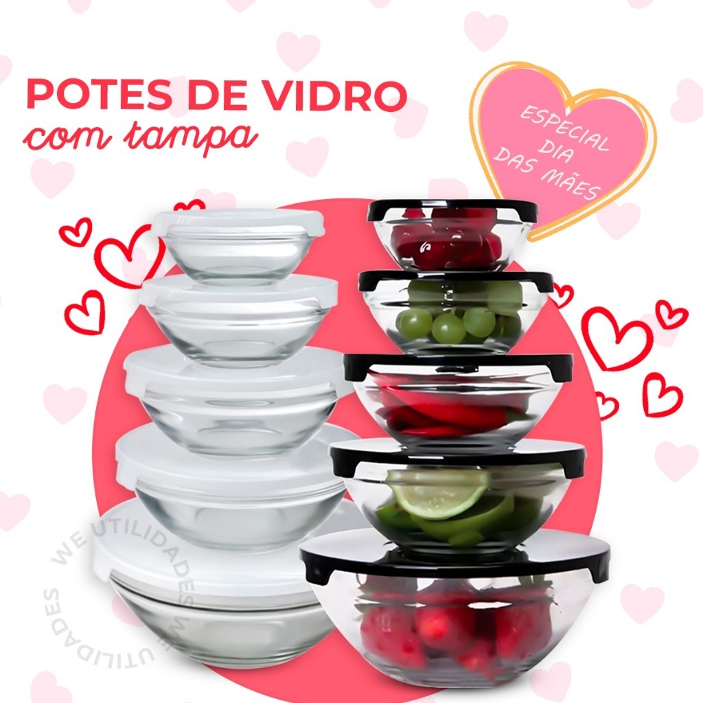 Jogo de 5 Potes de Vidro Redondo Tigelas Hermético Especial Dia Das Mães Potes De Vidro com tampas