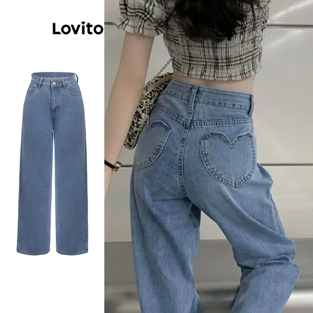 Lovito Jeans casuais lisos em formato de coração para mulheres L80ED240