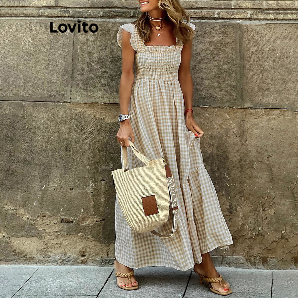 Lovito Boho Vestido Feminino com Babado Estampa Xadrez Vichy LNL37021 (Off-White)