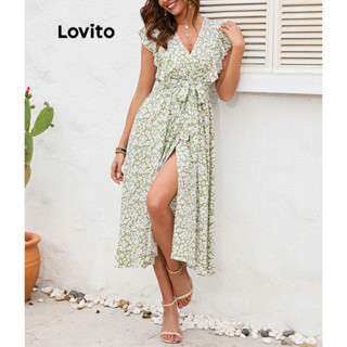Lovito Vestido Boho Ditsy Floral Com Babados Na Coxa Para Mulheres LNE31170 (Azul Real/Verde)