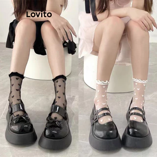 Lovito Casual Meias Femininas de Renda com Estampa em Formato de Coração LNE43246