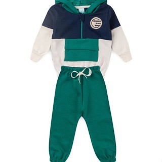 Conjunto Bebê Moletom Menino Com Capuz - Tricolor - Azul Marinho Verde e Off White