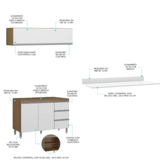 Kit Cozinha Compacta Balcão Tampo Armário Aéreo 120cm Branco
